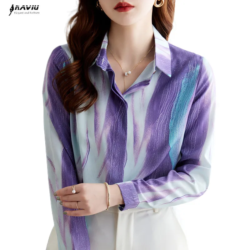 

Acetate Satin Shirt Women Autumn New Fashion Temperament Design Retro Print Long Sleeve Formal Blouses Office Ladies Work Tops