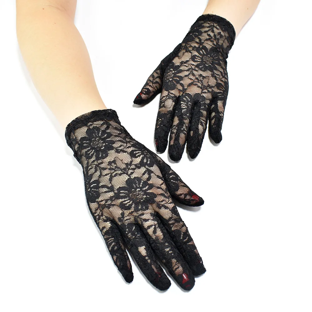 

2022 Women Summer Gloves Sexy Black Lace Full Finger Floral Gloves Ladies Fashion Wedding Party Driving Sunscreen Mittens