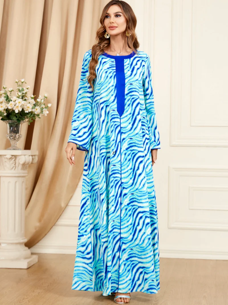 Elegant Casual Leopard Print Muslim Long Dress for Women Ramadan Eid 2023 Moroccan Jalabiya Dubai Caftan Green Long Sleeve Abaya