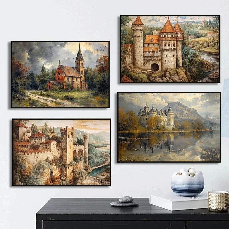 Картина на холсте с изображением замка в стиле ретро