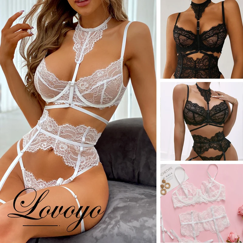 

Сексуальное нижнее белье, комплект нижнего белья из 3 предметов, кружевной бюстгальтер, Прозрачный Женский комплект с бюстгальтером, модный...