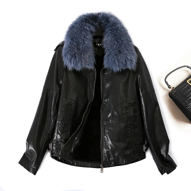 KoHuiJoo  Warm Women Leather Jacket With Real  Fur New Arrival 2022 Fashion Formal Slim Turn Down Collar Short PU Leather Coat enlarge
