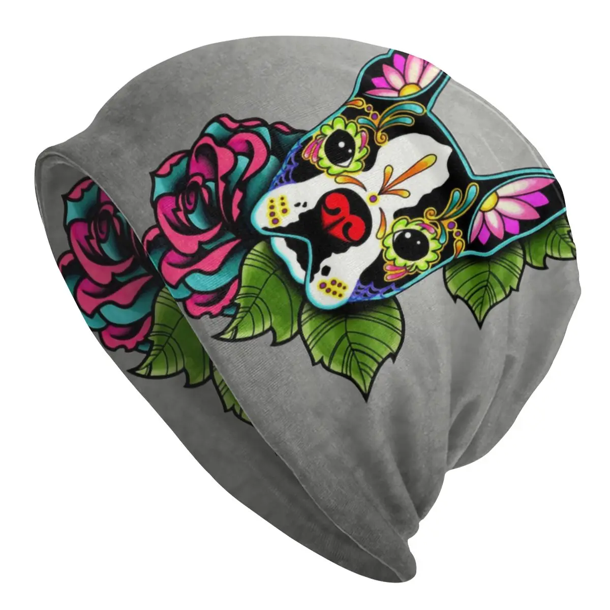 

Boston Terrier Puppy Beanie Bonnet Knitted Hats Unisex Adult Day of the Dead Sugar Skull Dog Warm Winter Skullies Beanies Caps