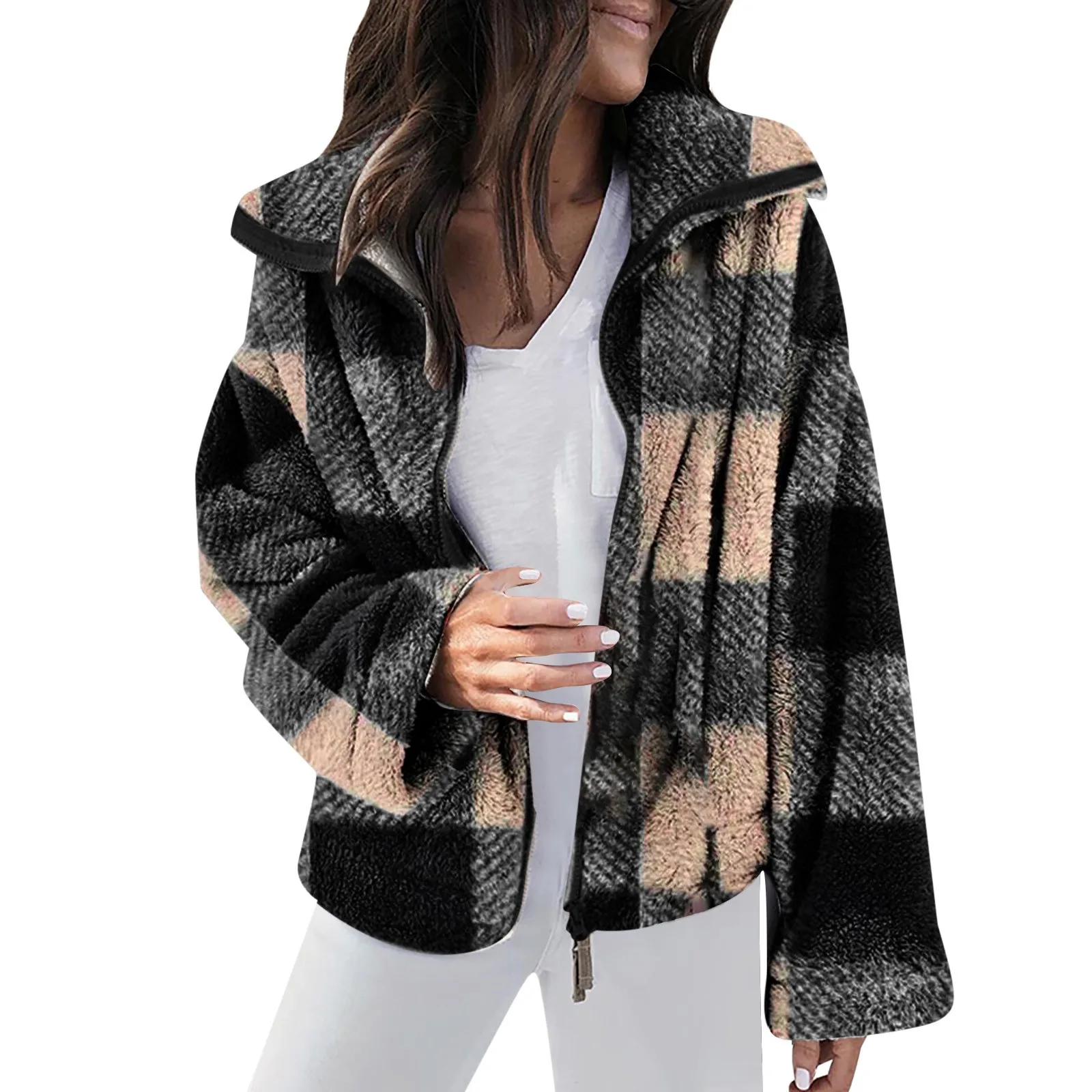 

Ladies Rain Coats And Jackets Women's Long Sleeve Zip Up Lapel Fleece Jacket Warm Plaid Fluffy Coat Office Jackets for Women