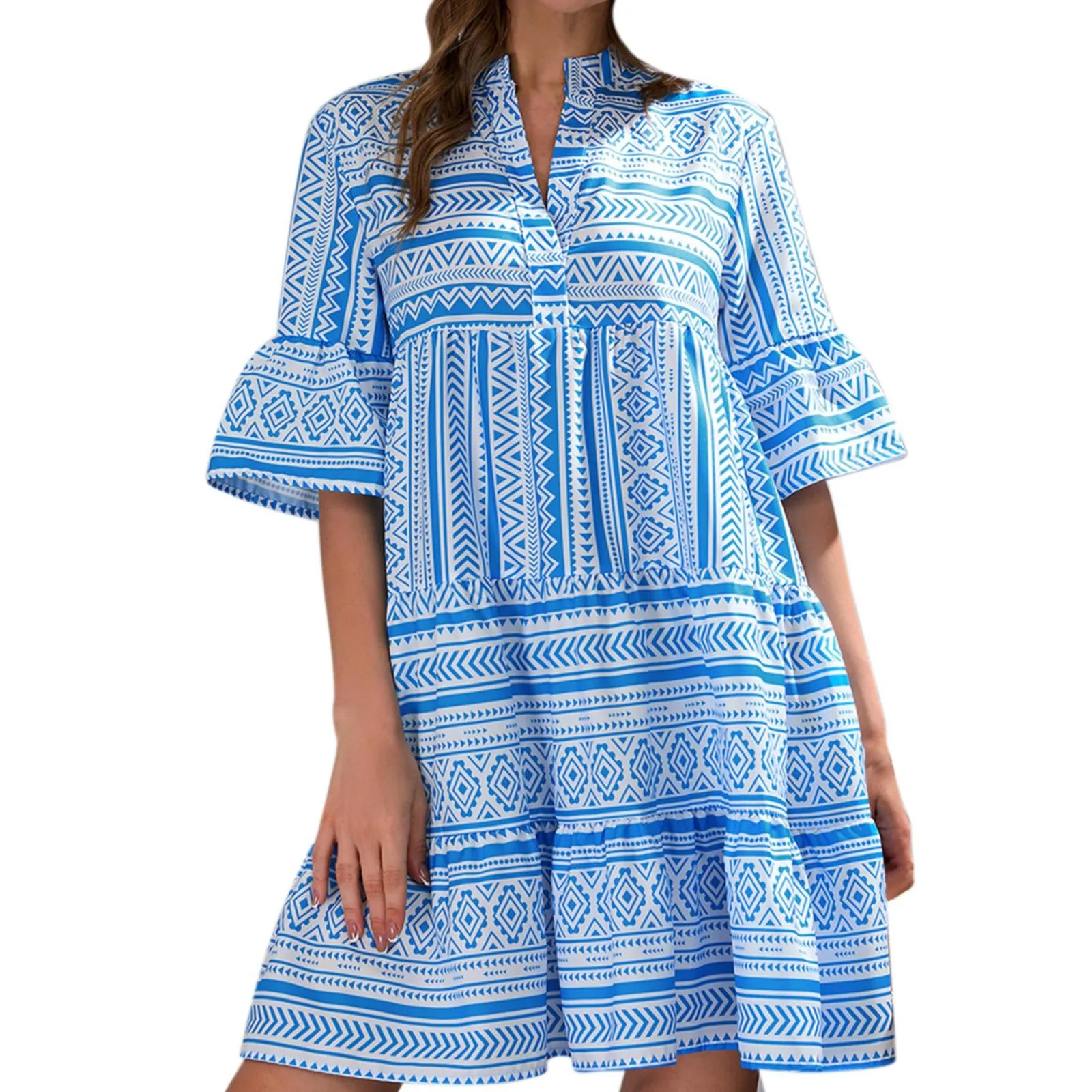 

Женское платье-рубашка средней длины, свободное платье в полоску с V-образным вырезом и рукавом средней длины, летнее платье с запахом