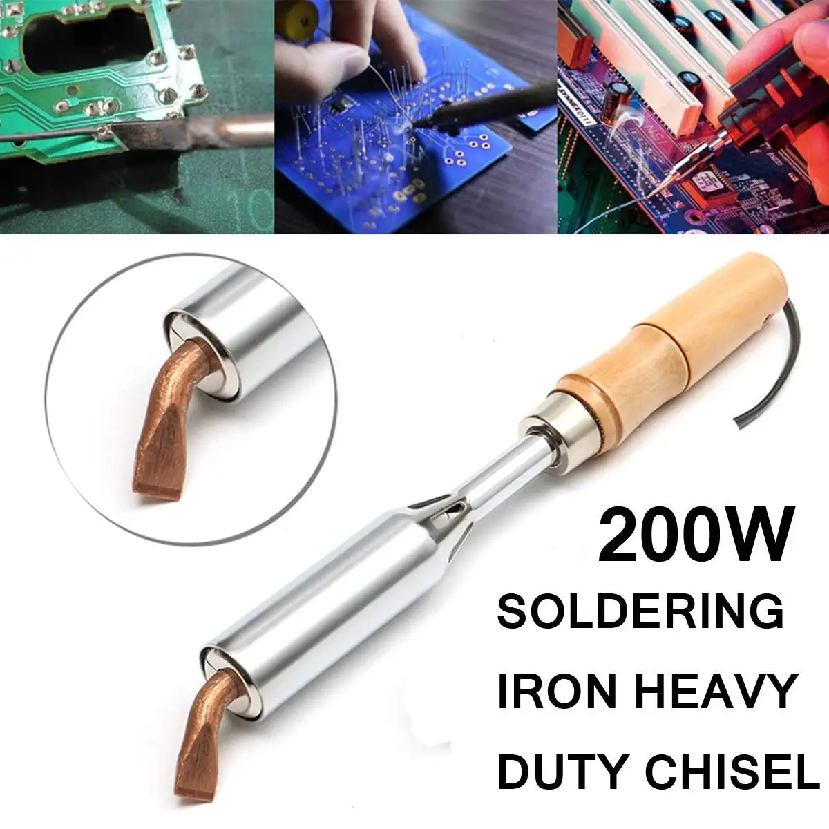 

High Quality AC 220V 200W Electric Solder Soldering Iron Heavy Chisel Point Tip Wood Handle Repair Tool Electronic Maintenance