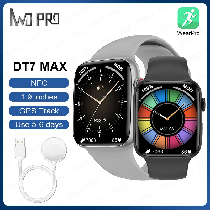 

Смарт-часы IWO PRO DT7 MAX, умные часы серии 7, 45 мм, 1,9 дюйма, бесконечный экран, NFC, GPS, трекер, Bluetooth, звонки, для мужчин и женщин, PK W37 W27