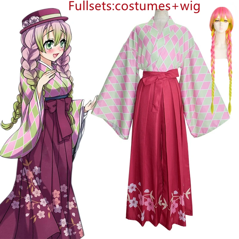 

Anime Demon Slayer Kanroji Mitsuri Cosplay Costume Kimono Dress Wig Fullsets Girl Woman Casual Performance Party
