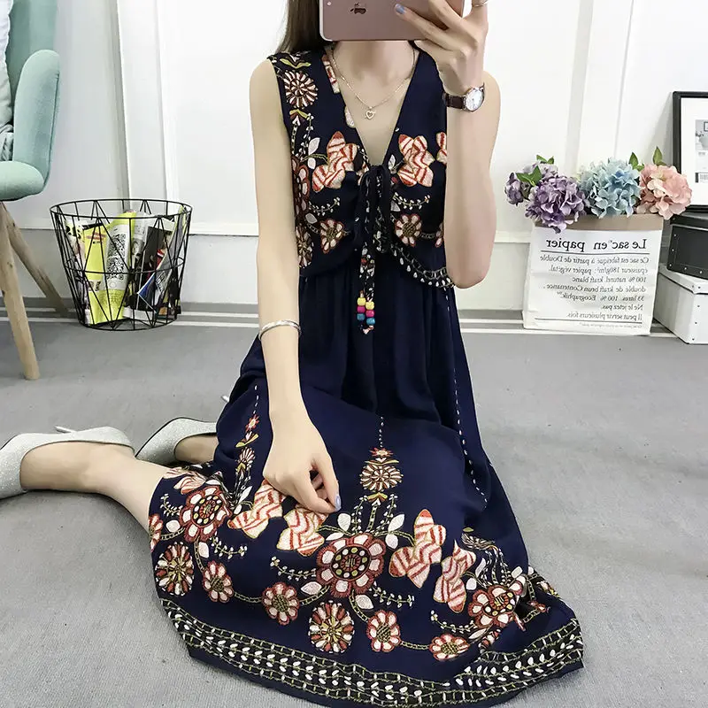 Женское богемное платье-трапеция без рукавов винтажное платье из хлопка и шелка