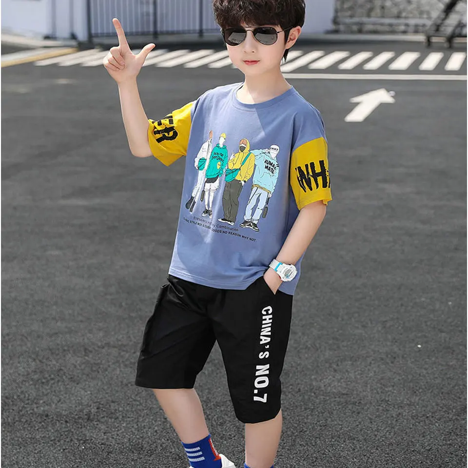 Купи Fashion Summer Children Clothes Set Tops Short Sleeve + Shorts 2PCS Suit For 4 6 8 10 12 14Yrs Baby Boy Clothes Sets 2 Colors за 930 рублей в магазине AliExpress