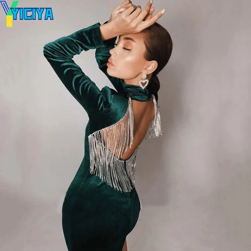 

YICIYA Бесплатная доставка Высокое качество черно-зеленое сексуальное модное платье с открытой спиной бриллиантами кисточками искусственное...