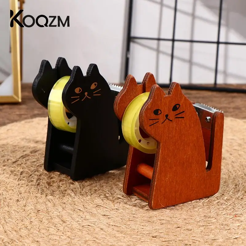 Holder Accessory Tape Tool Vintage Tape Cat Packing Dispenser Washi Manual Roller Cartoon Cute Office Tape Wooden Cutter Sealing