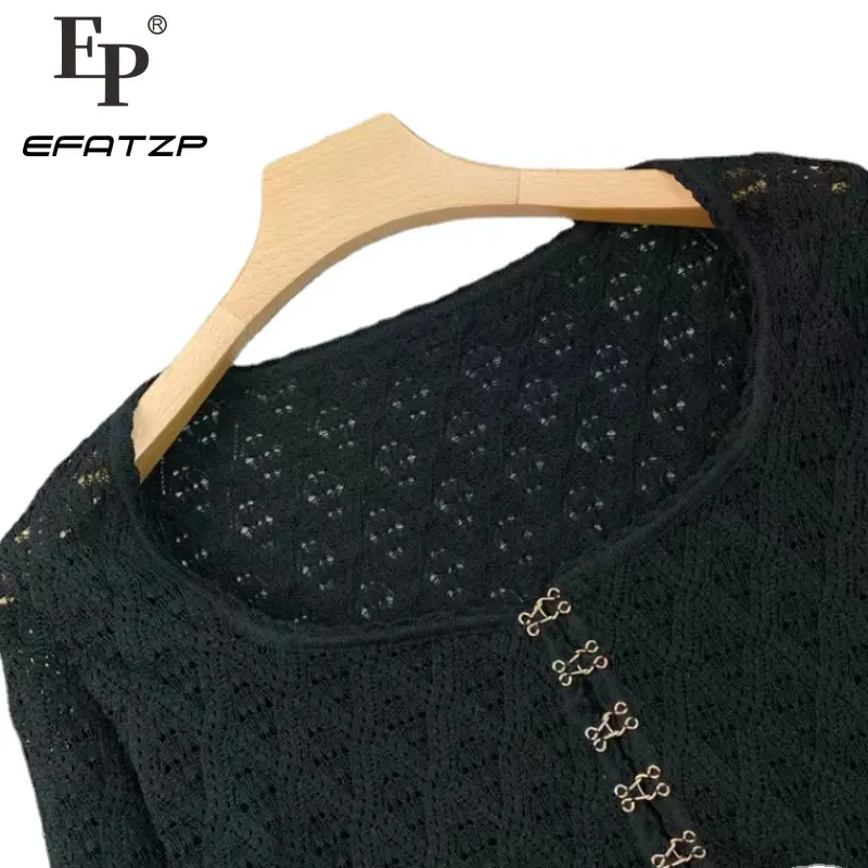 

Efatzp Spring Summer Women Cardigan Square Neck Lace Hollow Lace Slim Long-sleeved Cardigan High-quality French Niche 2023