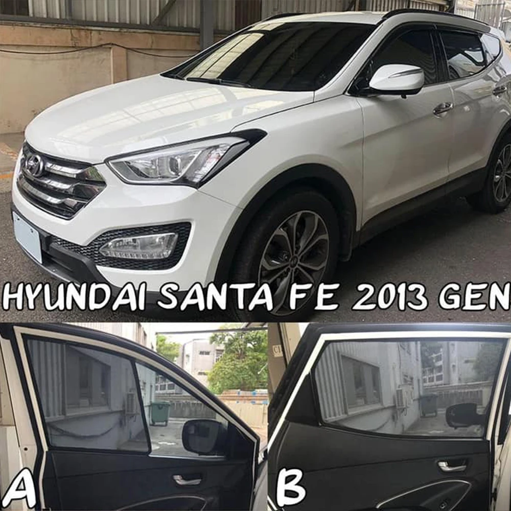 Фото Магнитные солнцезащитные шторки для Hyundai Santa Fe DM 2013-2018: на лобовое стекло, задние боковые окна, для защиты детей №2