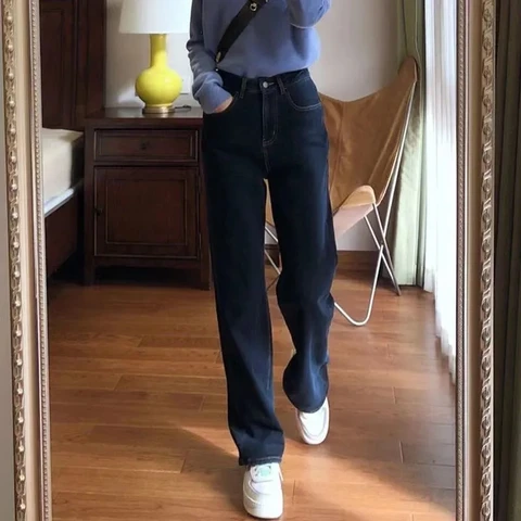 Джинсы женские прямые большого размера светло-голубые, модные облегающие джинсы с завышенной талией, с широкими штанинами в Корейском стиле, весна-лето 2022