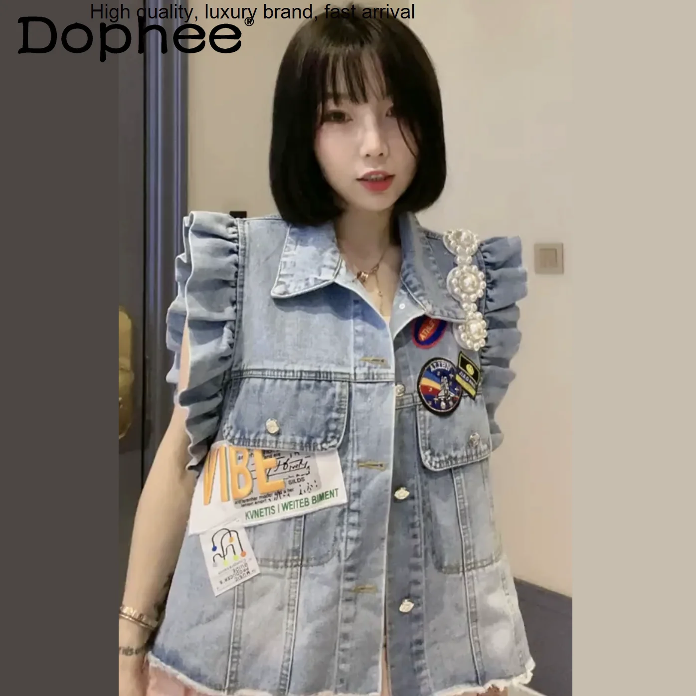 

Heavy Industry StreetWear Beads Casual Denim Vest Women's 2023 Spring New Sleeveless Jean Jacket Loose Short Waistcoat Coat Tide