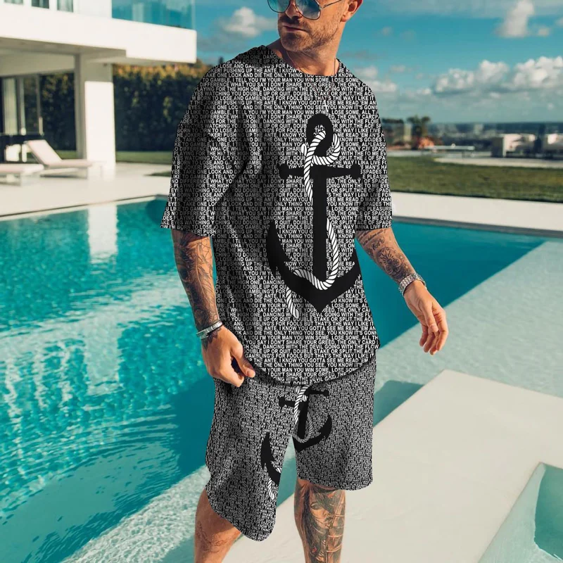 

2022 Summer Man Tracksuit Ship Anchor 3D Printed Fashion Casual Men's Oversized Clothes Suit Tshirt Shorts 2 Piece Sets Conjunto