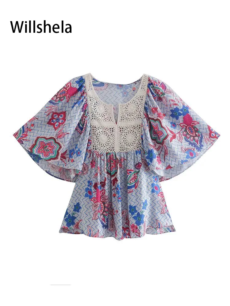 

Willshela Women Fashion Patchwork Printed Blouse Vintage Half Batwing Sleeves O-Neck Female Chic Lady Shirts