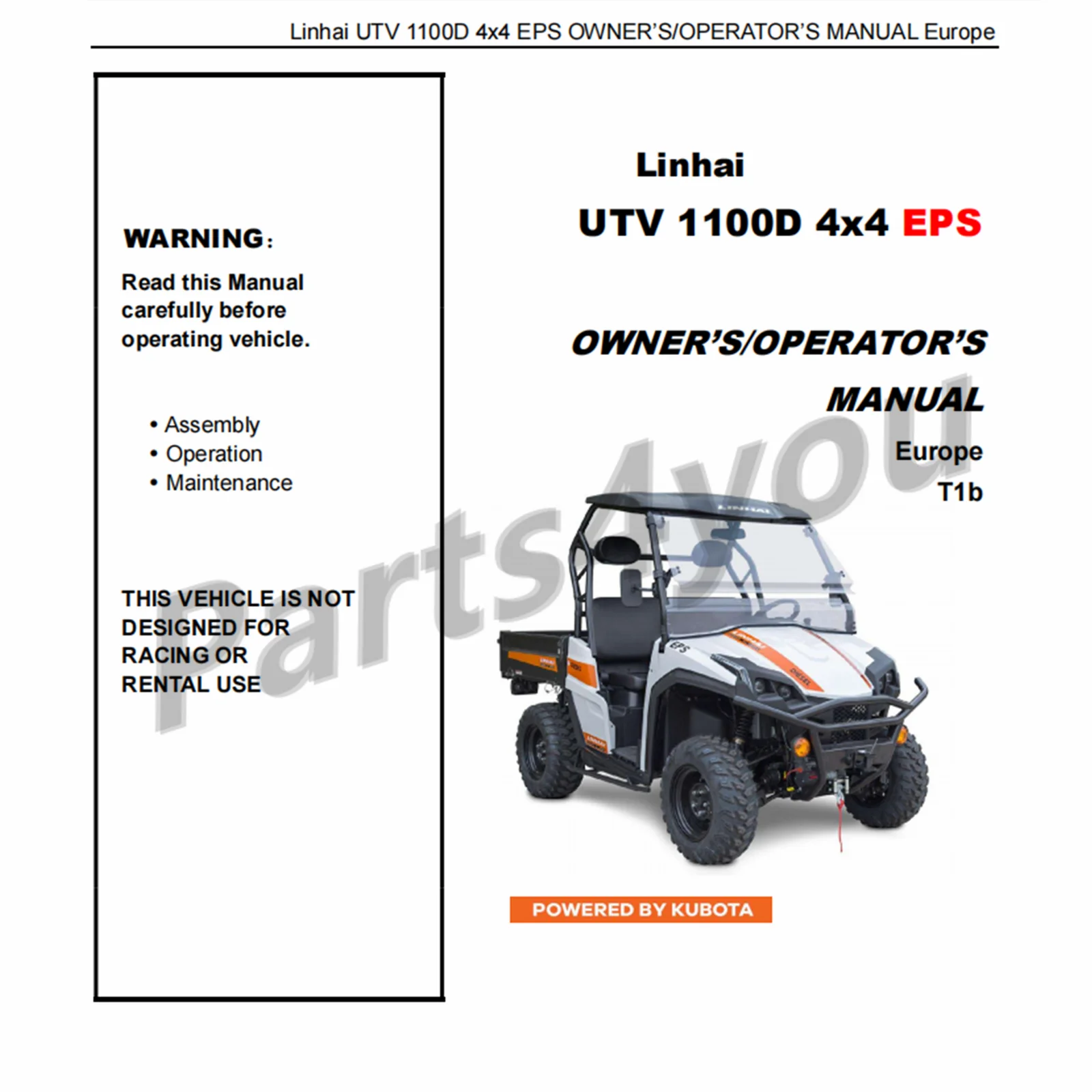 

Linhai 1100 UTV LH1100 Diesel 1100D 4x4 EPS Electric Owner Manual Operator Manual in English Send by Email NOT VEHICLE