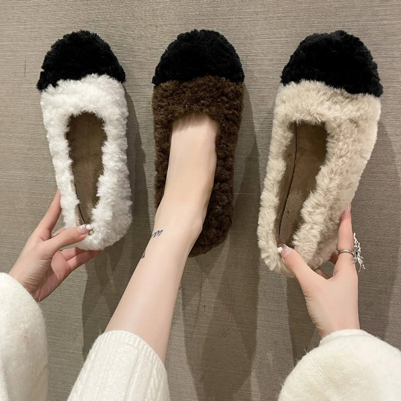 

Мокасины женские с закрытым носком, мягкие повседневные кроссовки, туфли с круглым носком, мокасины на плоской подошве, меховые, смешанные ц...