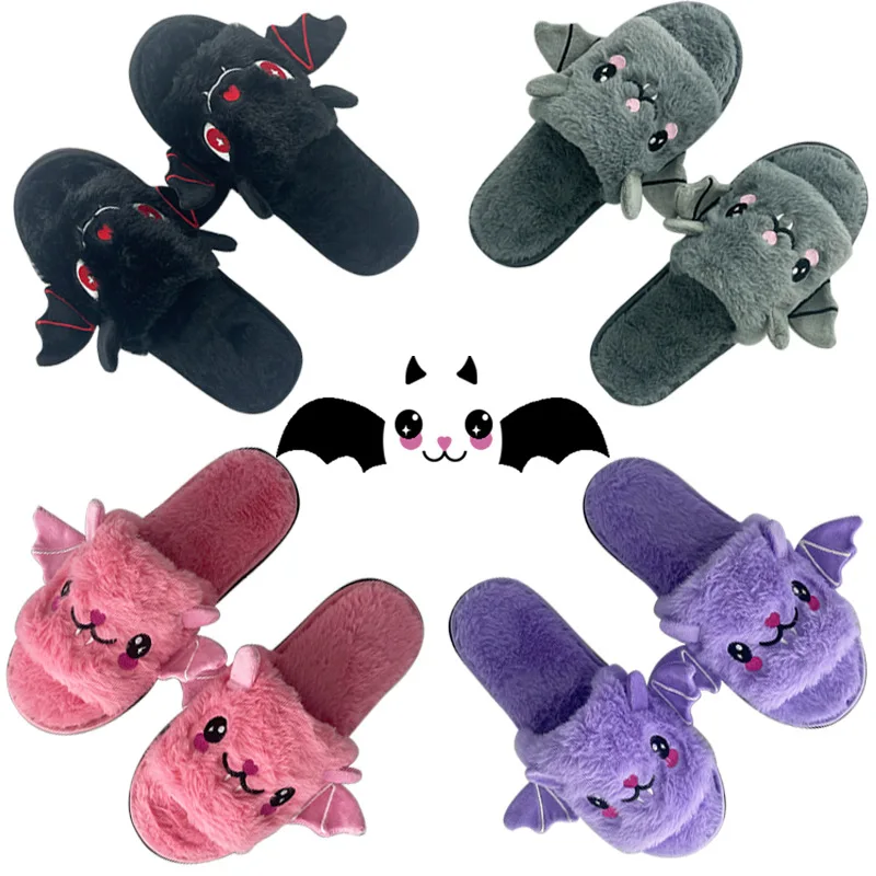 

Halloween New Bat Slippers Women Plush Shoes Lightweight Home Silent Fuzzy Slipper Men Flip Flops Cartoon Kid Adults Flat Slides