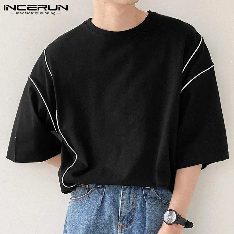 

Топы INCERUN, новинка 2022, Мужская футболка в Корейском стиле, универсальная Простая мужская повседневная Светоотражающая футболка с полосками ...