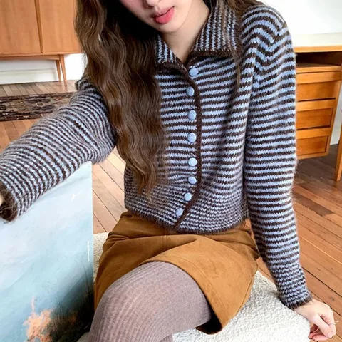 Neploe Короткий винтажный кардиган в полоску