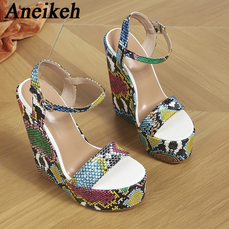 

Женские пикантные туфли на танкетке Aneikeh 2024, пикантные туфли на платформе из искусственной кожи с круглым носком, ремешком с пряжкой и ремешком на высоком каблуке, босоножки, обувь для бара