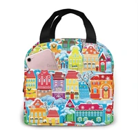 colorful houses insulated lunch bag reusable lunch box organizer cooler bag with front pocket for work school travel picnic