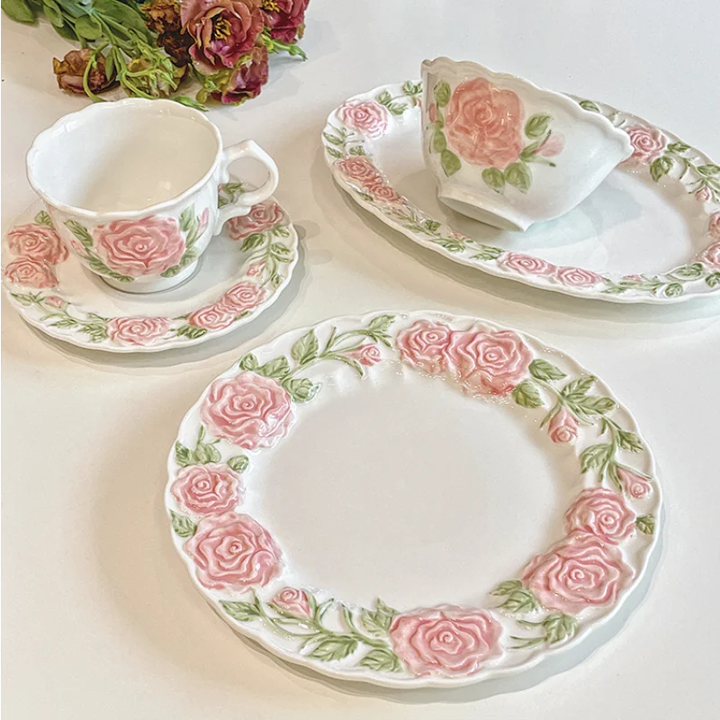 Embossed Rose Ceramic Dishes Dessert Plates Sets Coffee Cups Saucer Bowl Pot Porcelain Dinnerware Kitchen Tableware Cake Decor