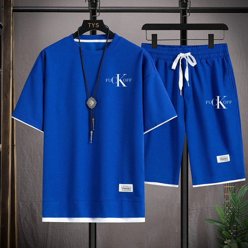 

Повседневный Спортивный минималистичный костюм с принтом вафель, топ с коротким рукавом в классическом стиле + шорты на шнуровке для свободного и дышащего кроя