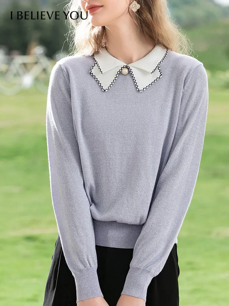 I BELIEVE YOU Sweaters for Women Fashion 2022 Autumn Gentle Loose Solid Doll Collar Pullover Long Sleeve Knitted Tops 2213143883