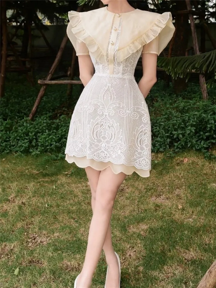 

Mesh Boho Floral Party Vintage Dresses For Women Sexy Lace Short Sleeve Summer Embroidery Dress 2022 Clothing Elegant A-Line