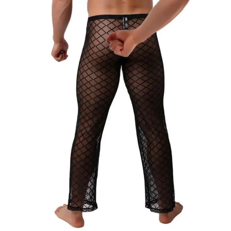 Pantalones largos de malla transparente para hombre, ropa Sexy de CLEVER-MENMODE, fina, de rejilla, pantalones transparentes para dormir