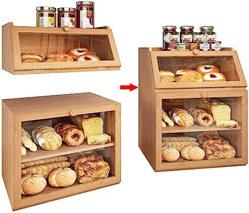 

Double Separable Bamboo Bread Box Storage with Clear Window and Adjustable Compartment for Kitchen Countertop,Natural Butter hol