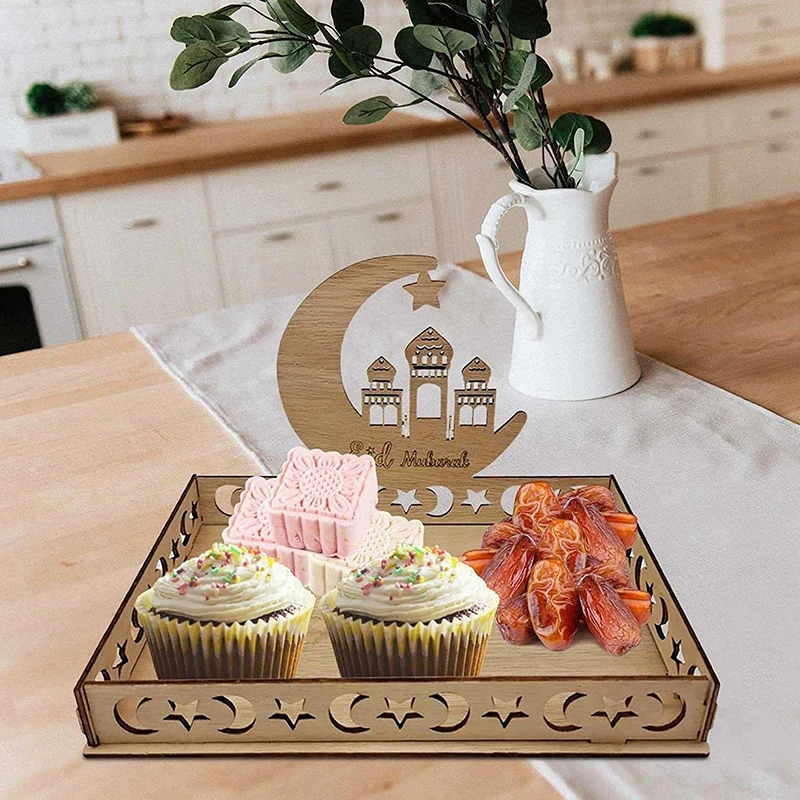 

Moon Wooden Tray Muslim Ramadan Kareem Decoration 2023 Eid Mubarak for Home Eid Al-Fitr Aid Moubarak Decor Party Supplies Gifts