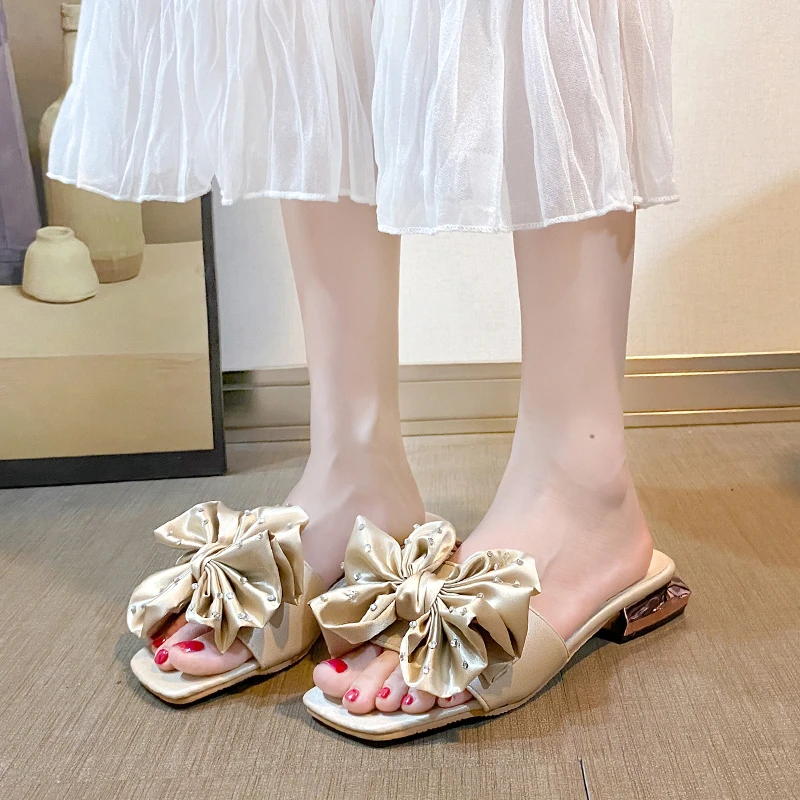 

Сандалии Женские однотонные с бантом, модные уличные туфли на высоком толстом каблуке, шлепанцы для вечеринки, лето
