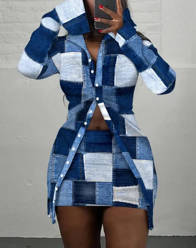 

Casual 2 Piece Sets Womens Outfits 2023 Autumn Turn-Down Collar Denim Look Print Ruched Long Sleeve Top & Fashion Mini Skirt Set