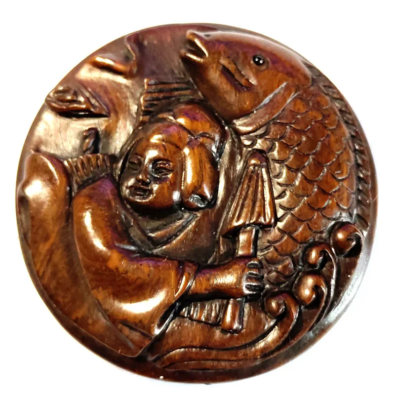 

Y8586 - 20 лет, 2 дюйма, ручная металлическая древесина Netsuke - Geisha and Fish