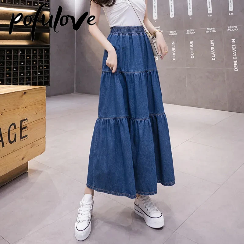 Women  Denim Skirt Maxi Long Jeans Skirts Girl Pleated Korean Fashion Clothing Harajuku Mujer Faldas Blue Vintage