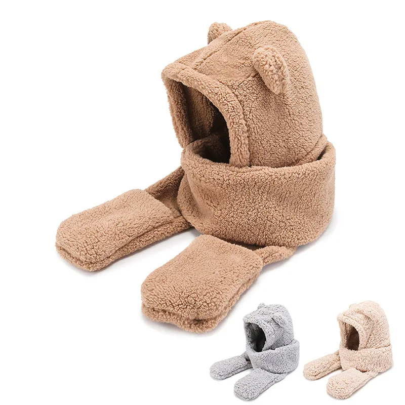 

3 In 1 Velvet Hat Female Autumn Winter All-match Cute Hooded Bear Scarf Gloves One Warm and Cold Ear Protection Cotton Cap
