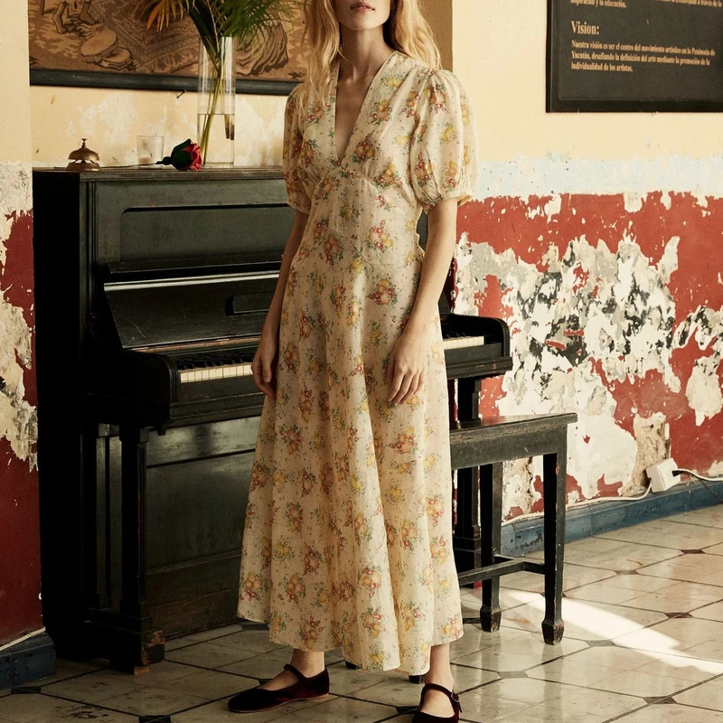 

French Pastoral Print V-neck Ankle Dress Women's 2022 Fashion Temperament Waist Tie Puff Sleeve Elegant Robe Evening Dresses
