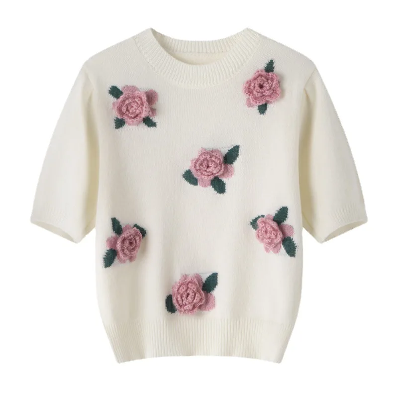 

Женский трикотажный пуловер, Розовый пуловер с трехмерными цветами, милый белый топ с коротким рукавом и круглым вырезом, лето 2023