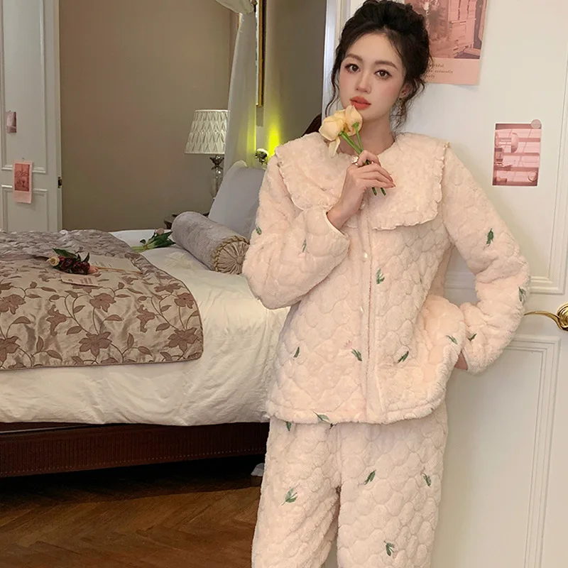 Зимняя теплая Пижама SXTHAENOO 2024 Женская двусторонняя бархатная пижама с принтом