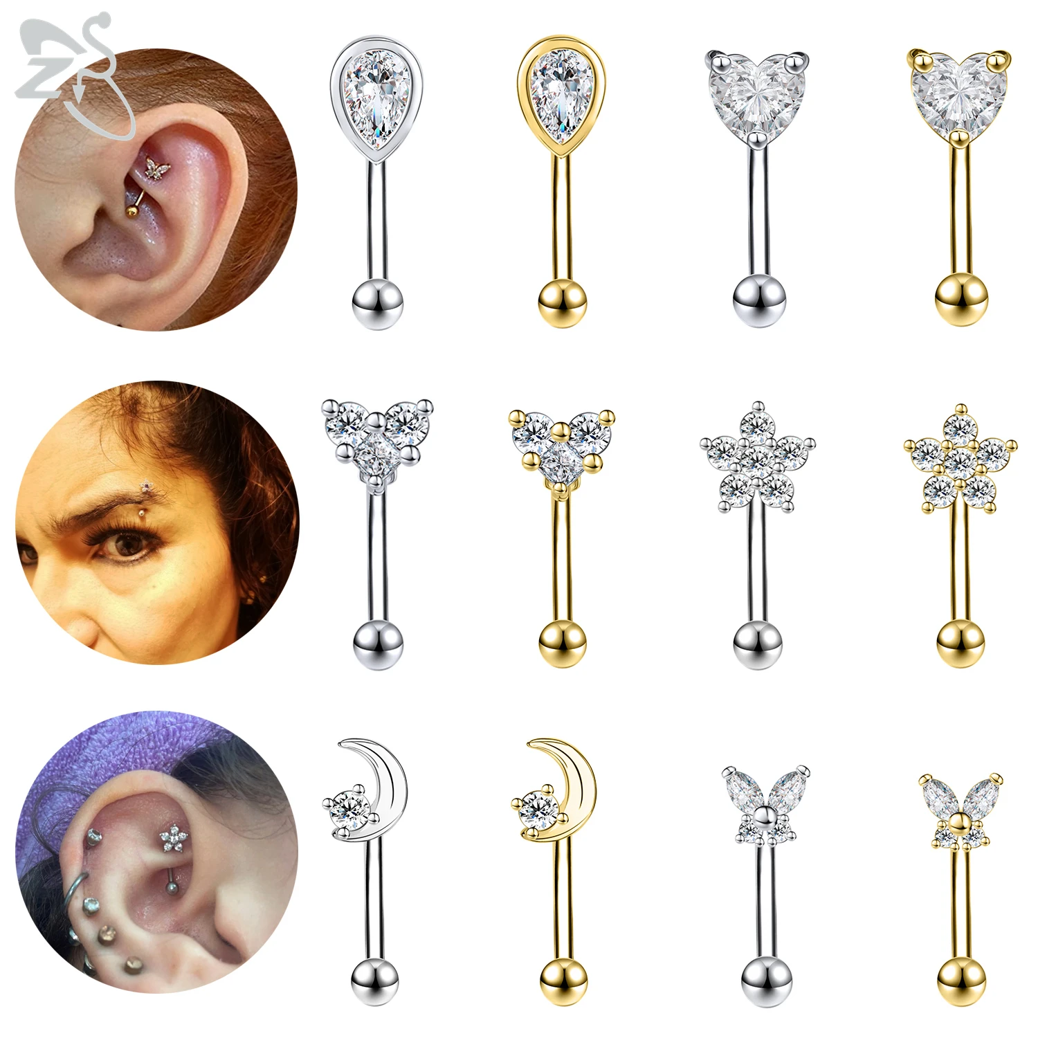 

ZS 1 Piece Flower Shape CZ Crystal Eyebrow Piercng 16G Stainless Steel Curved Rook Piercings Conch Tragus Earring Jewelry 8/10MM