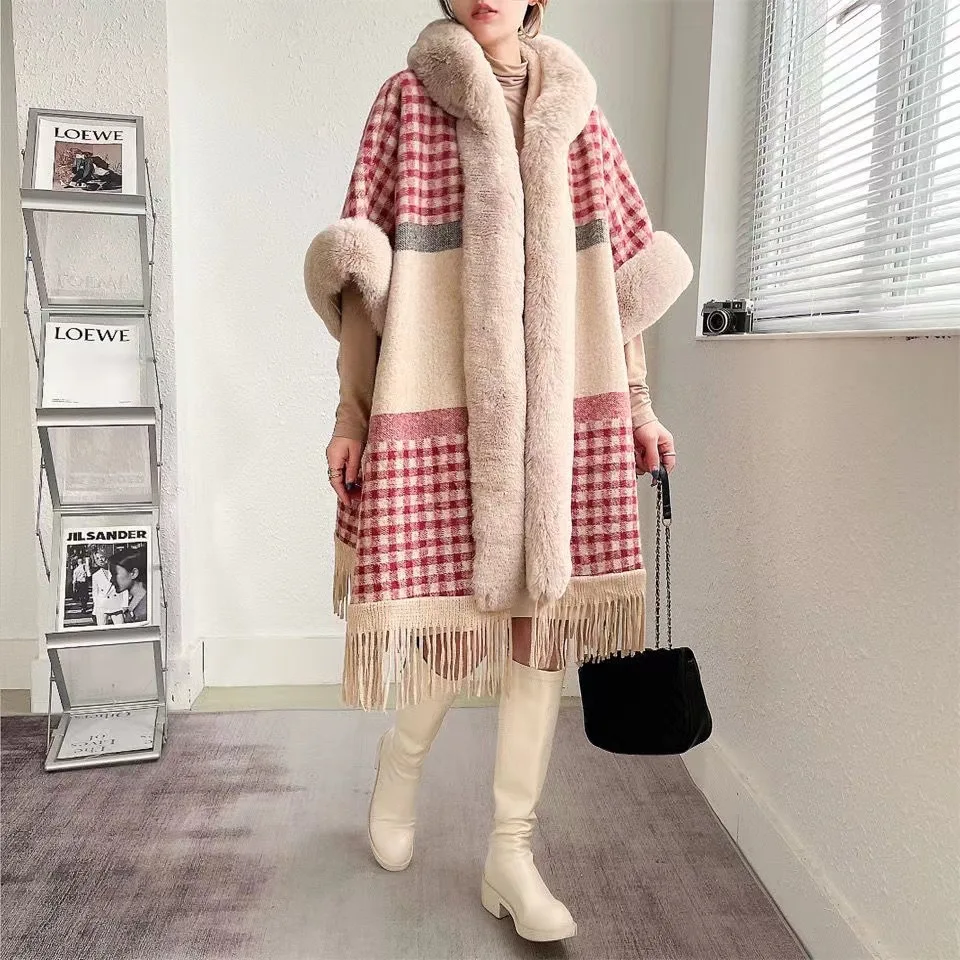 

Autumn and Winter New Loose Plaid Plus Velvet Thick Fur Collar Knitted Shawl Cape Women's Woolen Shawl Coat