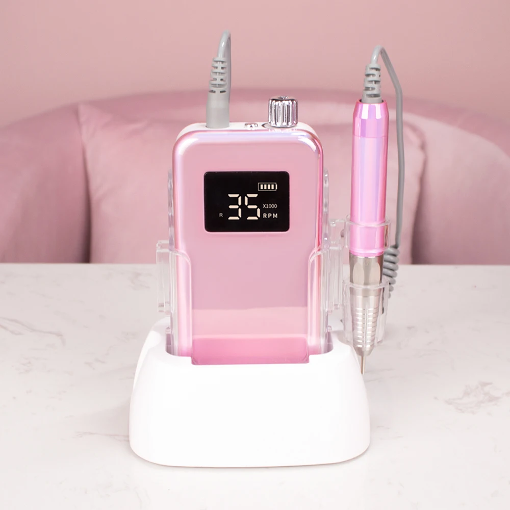 Brushless Mini Square Screen Quiet Pink Color Desktop Portable Rechargeable 35000RPM Nail Drill Machine