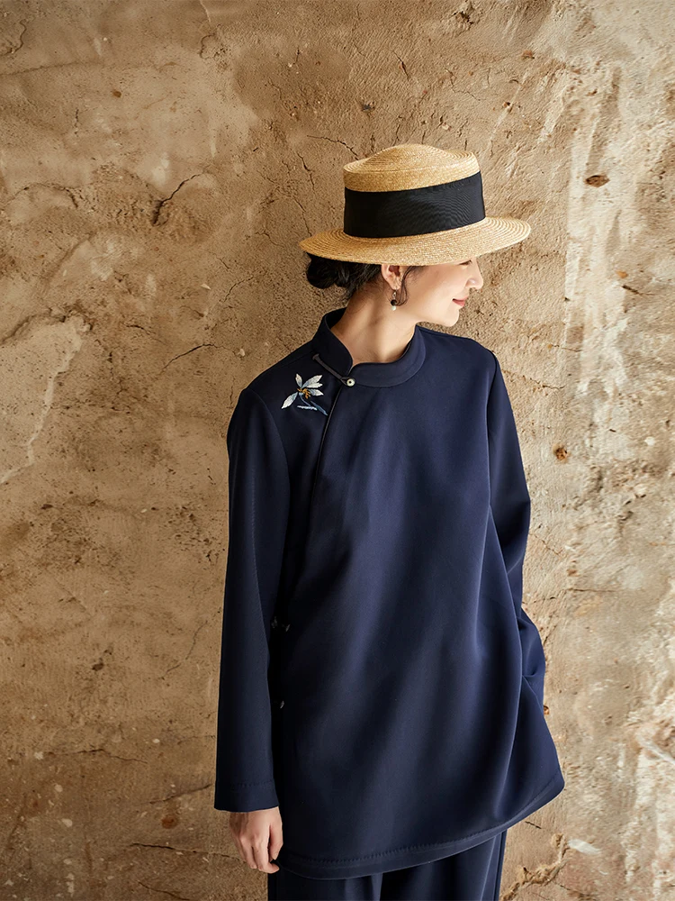 Cloth Master Original Design Autumn New Embroidered Long sleeve Stand Collar Top Chinese High Sense Shirts Women