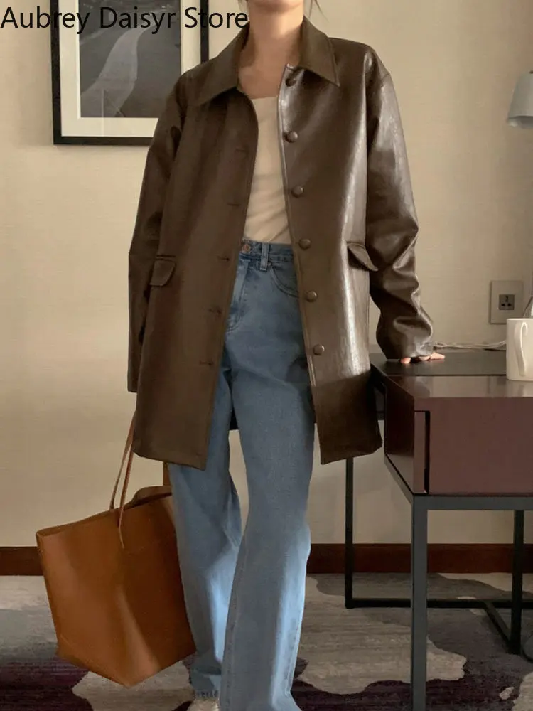 Korean Long Black Leather Moto Jacket Women Streetwear Fashion Female Loose Leather Suit Blazers Casual Vintage Winter Coat 2022