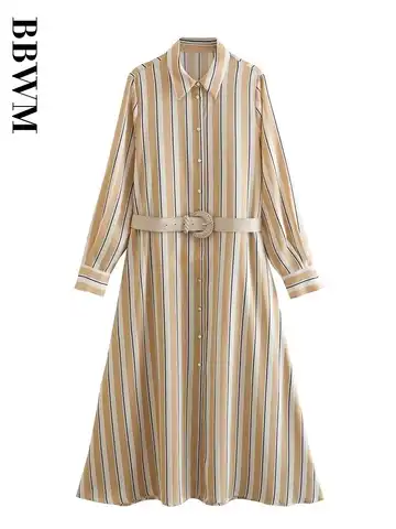 2023 New Women Fashion With Belt Striped Midi Shirt Dress Vintage Long Sleeve Single Breasted Office Lady Dresses Vestidos Mujer